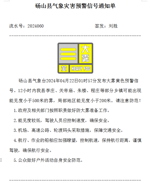 砀山县气象台2024年04月22日01时57分发布大雾黄色预警信号